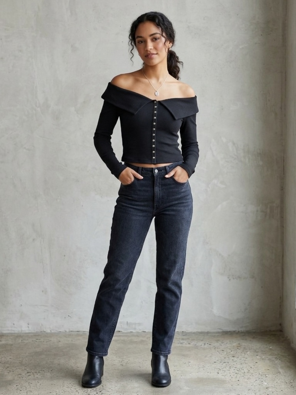 Maeve Anthro Charcoal Off-Shoulder Ribbed Knit Button Top | Coquette Chic Small